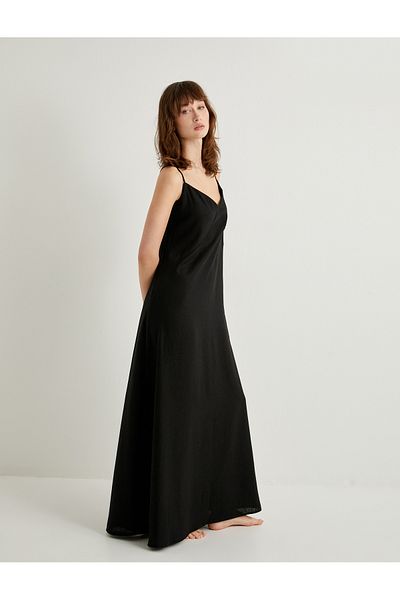 Koton Langes Strandkleid mit V-Ausschnitt, Leinen-Viskose-Mischung, entspannte Passform