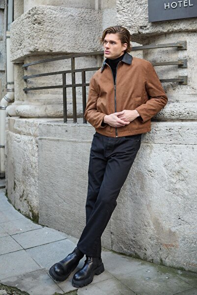 Danger Мъжко кожено яке с детайли от велур в кафяво