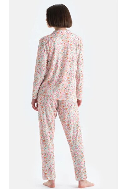 Eros 33518 Kadın Pembe Uzun Kollu Önden Düğmeli Pijama Takımı