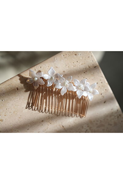 İstoria Bridal Gold White Floral Print Engagement Hair Accessory - Comb Hairpin, Hair Pin, Wedding Hairpin