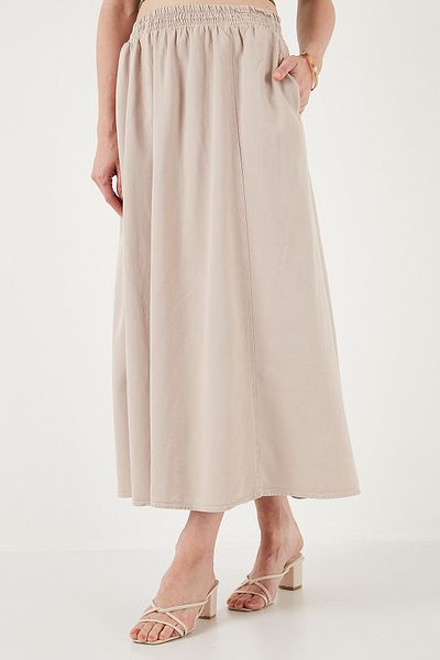 Lela Long Cotton-Linen Hijab Skirt with High Waist Pockets - Skirt 668Yp4443