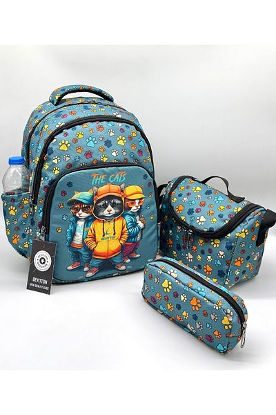 Bevitton Paw and Cat Patterned Men's Primary School Bag Set of 3 Primary School Bag