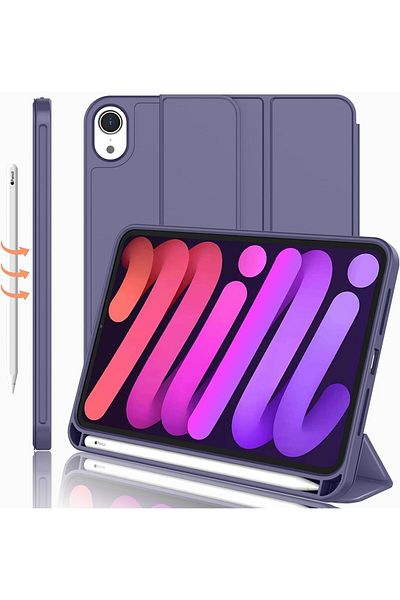 AWH حافظة iPad Mini 6 (8.3 بوصة، 2021) مع حامل قلم، حامل ثلاثي الطيات، ظهر ناعم من مادة TPU، لون لافندر