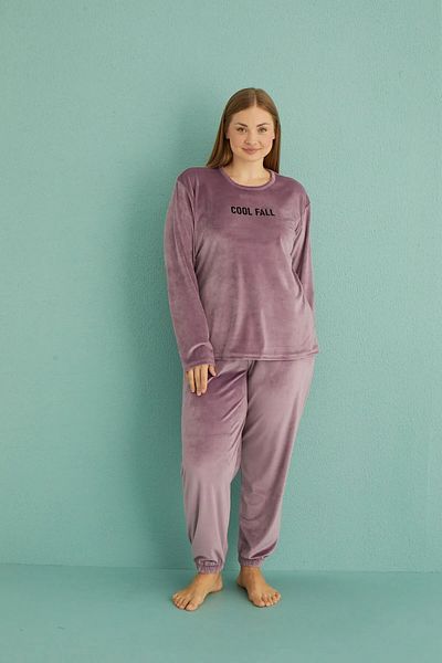 OMODAM Plus Size Patterned Exclusive Velvet Women's Pajamas Set