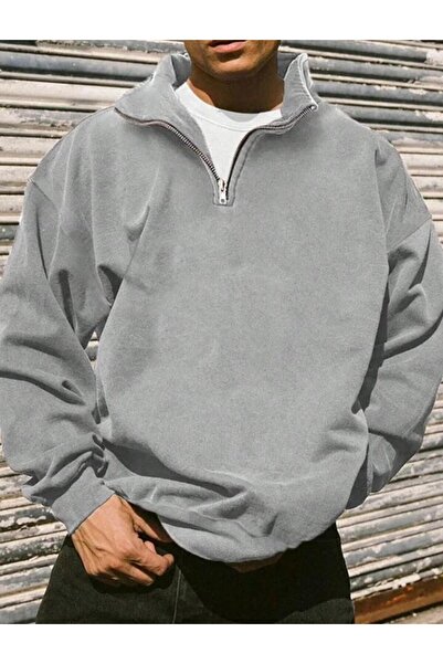 NO 601 Pulover de iarnă pentru bărbați, gri cu jumătate de fermoar, cu jumăta...