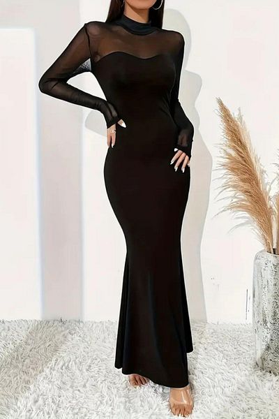 Mossta Long Sleeve Turtleneck Crepe Long Dress
