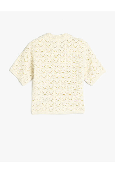 Koton Short Sleeve Openwork Polo Neck Button Closure Knitwear Cardigan