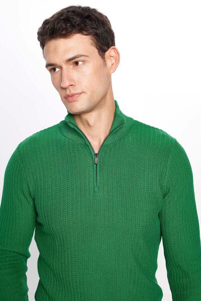Tudors Πράσινο πλεκτό πουλόβερ ανδρικής λεπτής εφαρμογής με γιακά με φερμουάρ