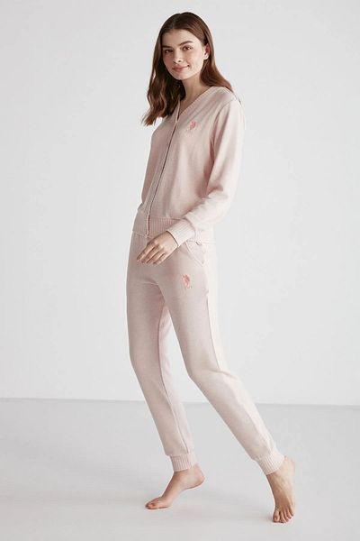 U.S. Polo Assn. 16956 Set de pijamale cu mânecă lungă, cu decolteu în V, roz Melange, cu nasturi în față