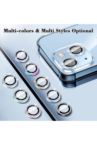 AWH Diamond Camera Lens Cover for iPhone 14/14 Plus, Bling Tempered Glass, Metal Ring Alignment