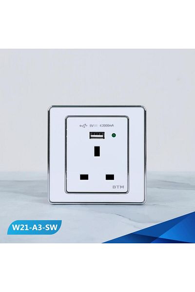 Btm Triple socket, 13 amp, with USB port, white and silver colour -6 pieces