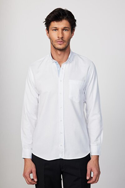 Tudors Klasik Fit Uzun Kollu Düğmeli Yaka Pamuklu Kolay Ütü Oxford Düz Erkek Gömlek