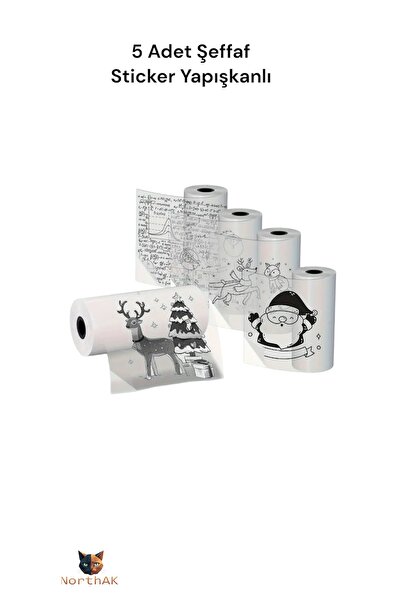 NorthAK 5 Adet Şeffaf Sticker Mini Yazıcı Rulosu Yapışkanlı 57x25mm