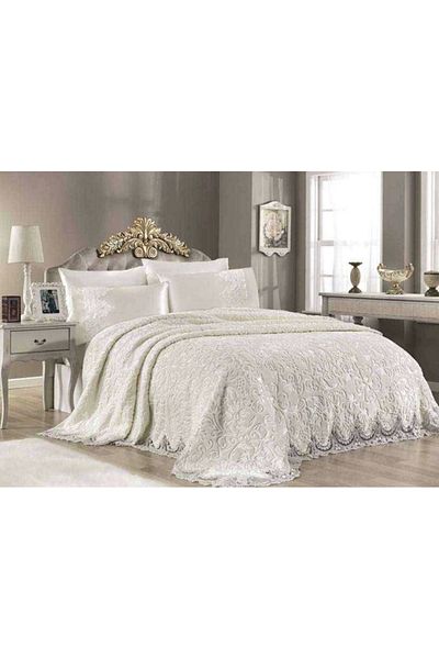NİVEMESHOME EBRU CREAM 6 PIECES FRENCH BLANKET SET ROYAL HOME