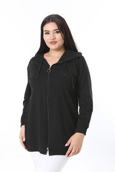 Şans Plus Size Black Jewelled Zippered Snap Button Unlined Coat 65N38386