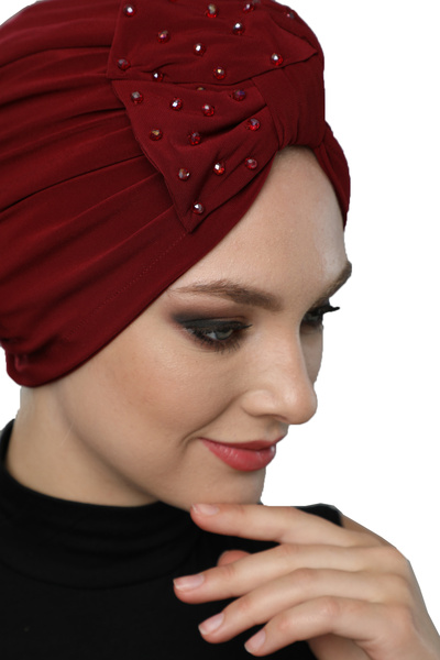 fidan bone كريستال فان حجر مطرز على الوجهين مبطن أحمر خمري حجاب جاهز فستان سه...