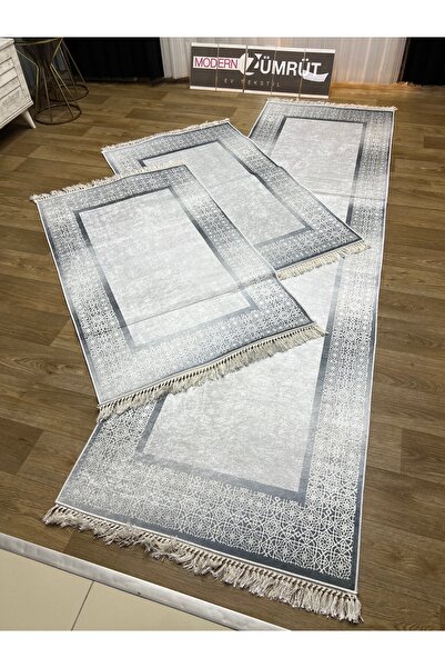 Zümrüt Ev Tekstil Yazlık Halı Dijital Baskılı Makinede Yıkanabilir Dot Taban Yatak Odası Seti Kutlu Gri