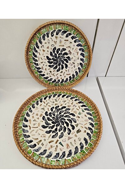 ALANYA HOME DECOR MOTHER OF PEARL/WICKER TRAY SET OF 2 30 cm + 35 cm SEDEF/HA...