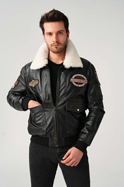 AS KÜRK DERİ Erkek Siyah Hakiki Deri Pilot Mont