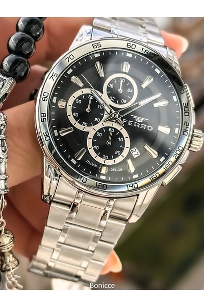 FERRO Functions Active, Silver Color Steel Band, Black Dial Men's Wrist Watch Rosary Bracelet