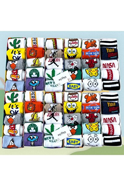 myDea Unisex Desenli Kolej Çorap 6 Çift (KUTUSUZ) Eğlenceli Desenli Çorap