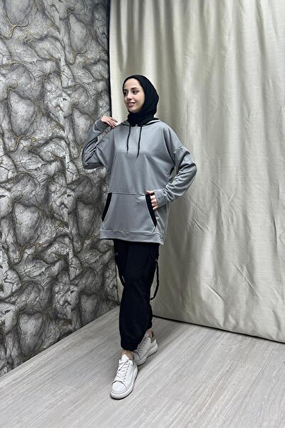 BURCU TESETTÜR Γυναικείο Διπλό Χρώμα Γαρνιρισμένο SWEAT BRC1703 Γκρι