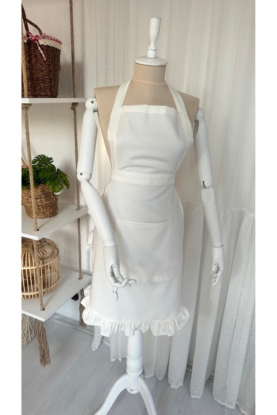 Decamor home Vintage Linen - White Kitchen Apron with Ruffles