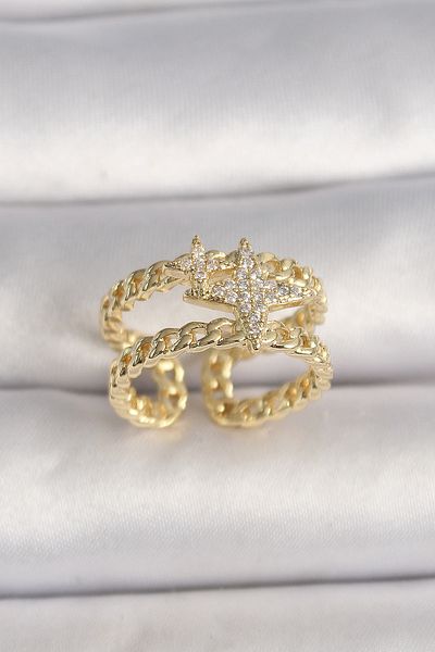 Clariss Brass Gold Color 2 Piece Chain Zircon Stone Star Figure Women's Ring