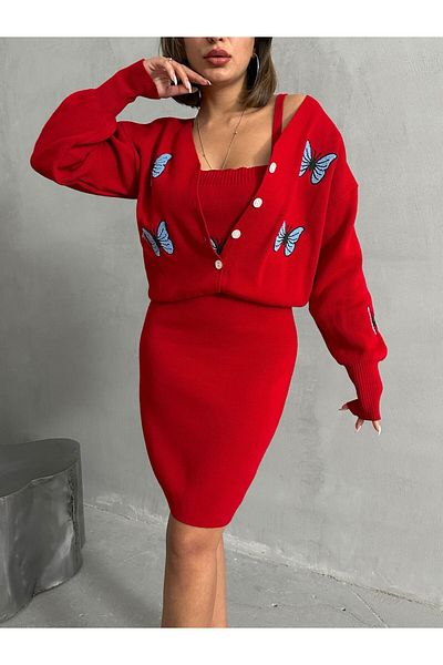 alenmoda Women's Knitwear Two-Piece Butterfly Embroidery Suit