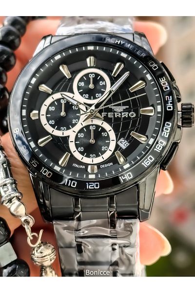 FERRO Functions Active, Black Color Steel Band, Black Dial Men's Wrist Watch Rosary Bracelet