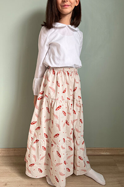 Masnu Çocuk Girl - 100% Cotton Cream Colored Linen Long Skirt