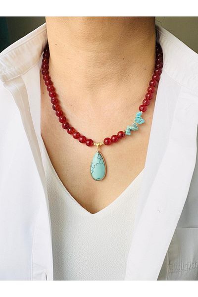 DEVİ fashion Turquoise and Agate Natural Stone Necklace 48 cm