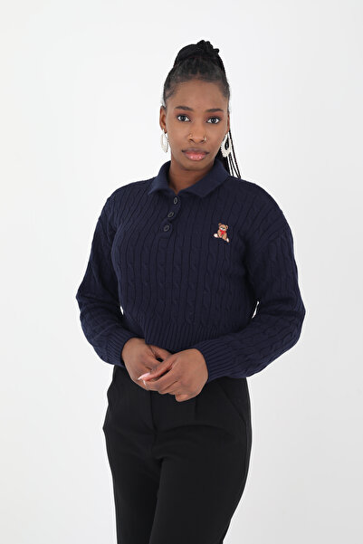 Viskosa سترة تريكو بياقة بولو مطرزة على شكل دمية دب للموسم الجديد