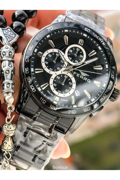 FERRO Functions Active, Black Color Steel Band, Black Dial Men's Wrist Watch Rosary Bracelet