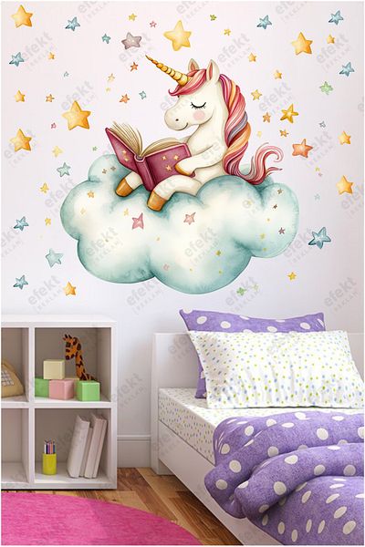 efekt reklam Unicorn Theme Kids Room Sticker Set - Unicorns on a Cloud Reading a Book