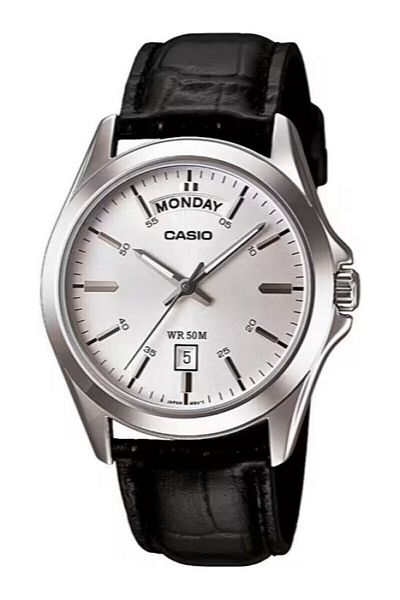 Casio ساعة يد رجالية باللون الأسود مع قرص فضي
