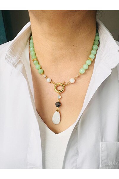 DEVİ fashion Real Pearl and Green Natural Stone Rudder Necklace 46cm