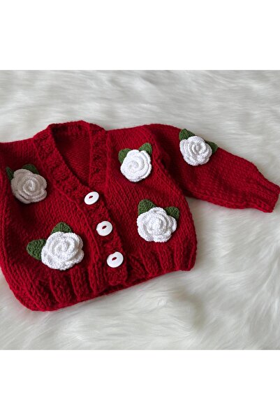 Home Gül Motifli El Örgüsü Bebek, Çocuk Hırka Ceket