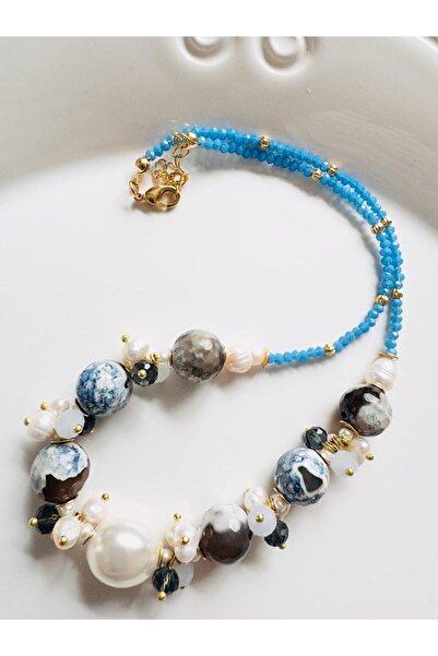 DEVİ fashion Real Pearl and Quartz Natural Stone Necklace 43 cm