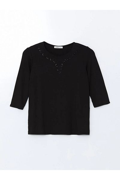 LC Waikiki Lcw Grace Black Crew Neck Rhinestone Women's Blouse