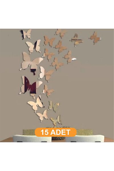 şamaksesuar 12-Piece Decorative 1 mm Mirror Gold Plexiglass Butterfly Wall Ornament(Tum Ebat40X30Cm)(Several Adhesive)