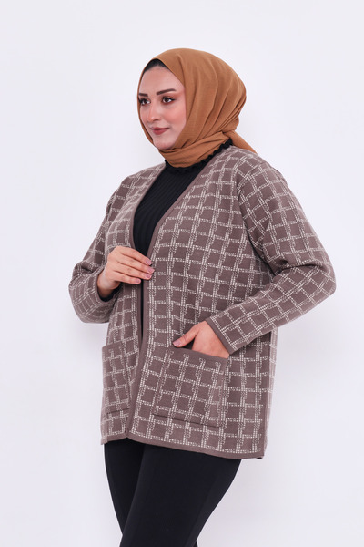 GLCN by Gülcan سترة صوفية محبوكة بنمط مربعات بدون أزرار