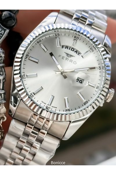 FERRO Functions Active, Silver Color Steel Band, Black Dial Men's Wrist Watch Rosary Bracelet