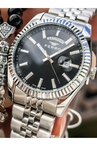 FERRO Functions Active, Silver Color Steel Band, Black Dial Men's Wrist Watch Rosary Bracelet