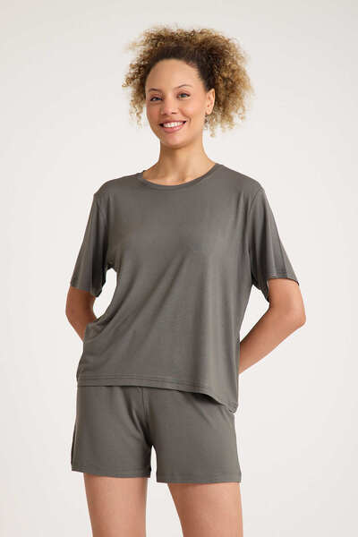 No52 HomeWear 100% Cotton Smoked Military Color Premium Quality Shorts T-Shirt Women's Pajama Set