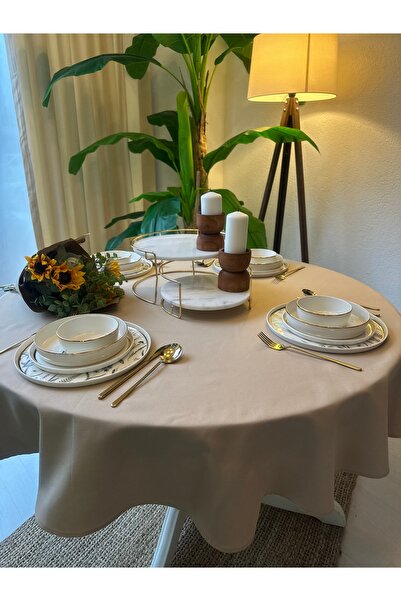 Decamor home Cotton Fabric Beige Round Tablecloth Stain-Resistant Water-Repellent Feature Worry-Free Table Cover