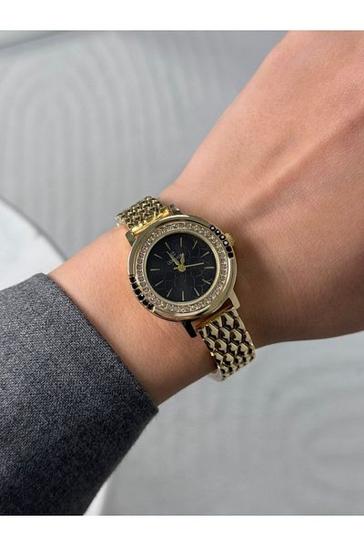 RoseandRoses Celeb Stoned Round Case Stylish Women's Wristwatch Gold Color (Black Dial)