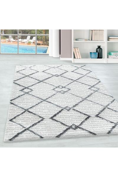 Pixel Modern Bukleli Kabartmalı Tozumaz Izgara Desenli Krem Gri Yumuşak Dekoratif Halı