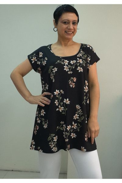 Mertcan Butik Coming Low Sleeve Combed Cotton Viscose T-Shirt with Black Green Floral Print Whole Size