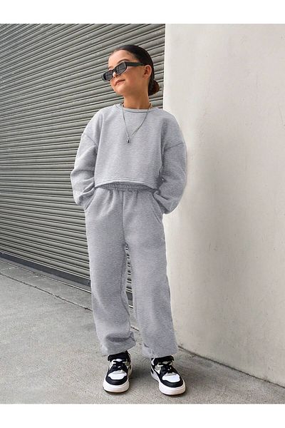 poswicon Gray Female Child Short Bottom Top Suit Sweatshirt